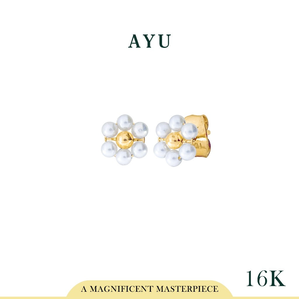 AYU Anting Emas - Beaded Pearl Flower Studs 16k Yellow Gold