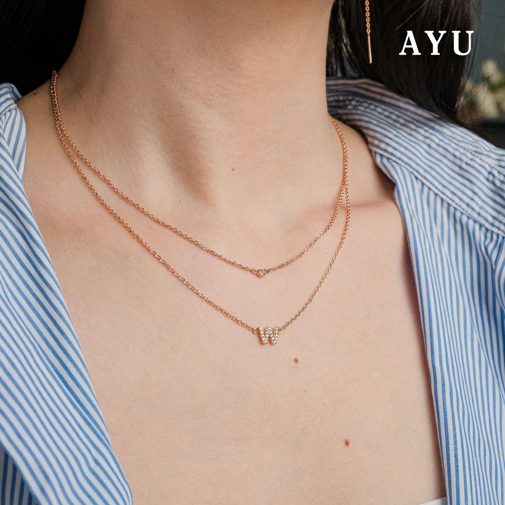 AYU Kalung Emas - Pave Initial Double Layer With Bezel Chain Necklace 17k Rose Gold