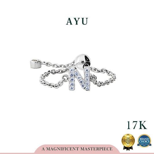 AYU Cincin Emas - Mini Pave Initial Adjustable Ring 17k White Gold