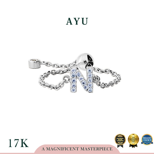AYU Cincin Emas - Mini Pave Initial Adjustable Ring 17k White Gold