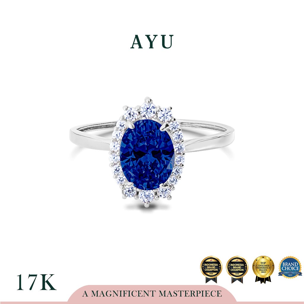 AYU Cincin Emas - Oval Grecian Solitaire Royal Blue 17K White Gold