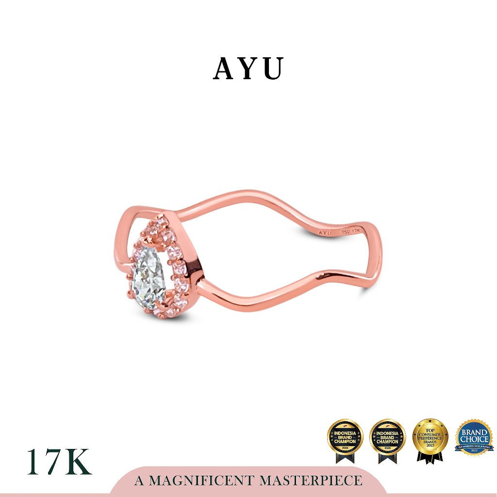 AYU Cincin Emas - Wave With Teardrop Halo Solitaire 17k Rose Gold