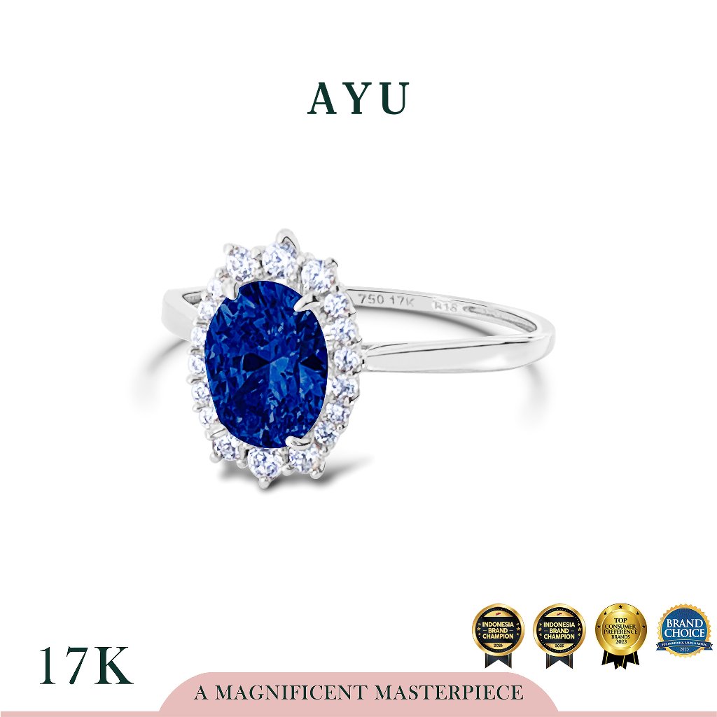 AYU Cincin Emas - Oval Grecian Solitaire Royal Blue 17K White Gold