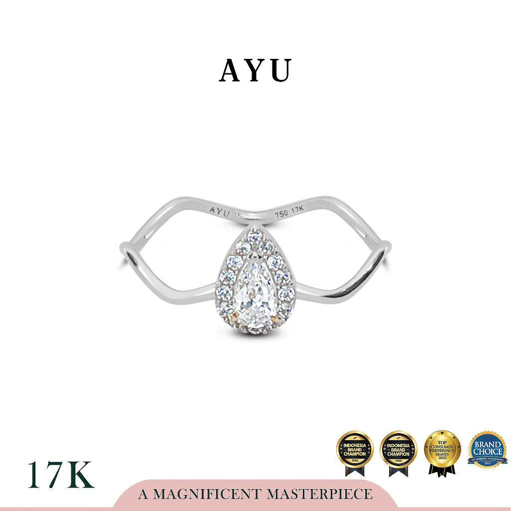 AYU Cincin Emas - Wave With Teardrop Halo Solitaire 17K White Gold