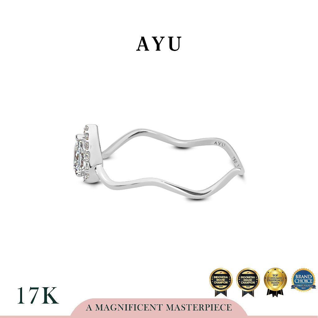 AYU Cincin Emas - Wave With Teardrop Halo Solitaire 17K White Gold