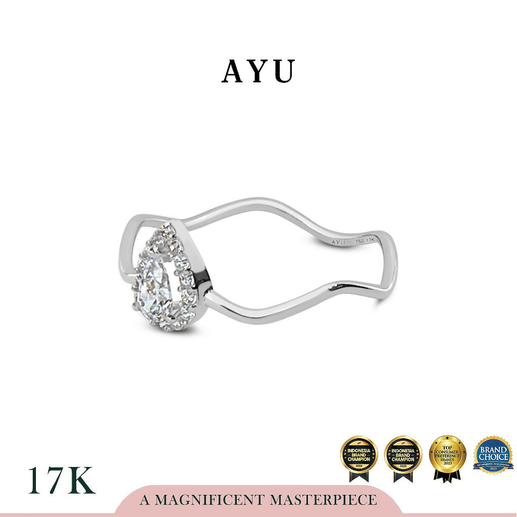 AYU Cincin Emas - Wave With Teardrop Halo Solitaire 17K White Gold