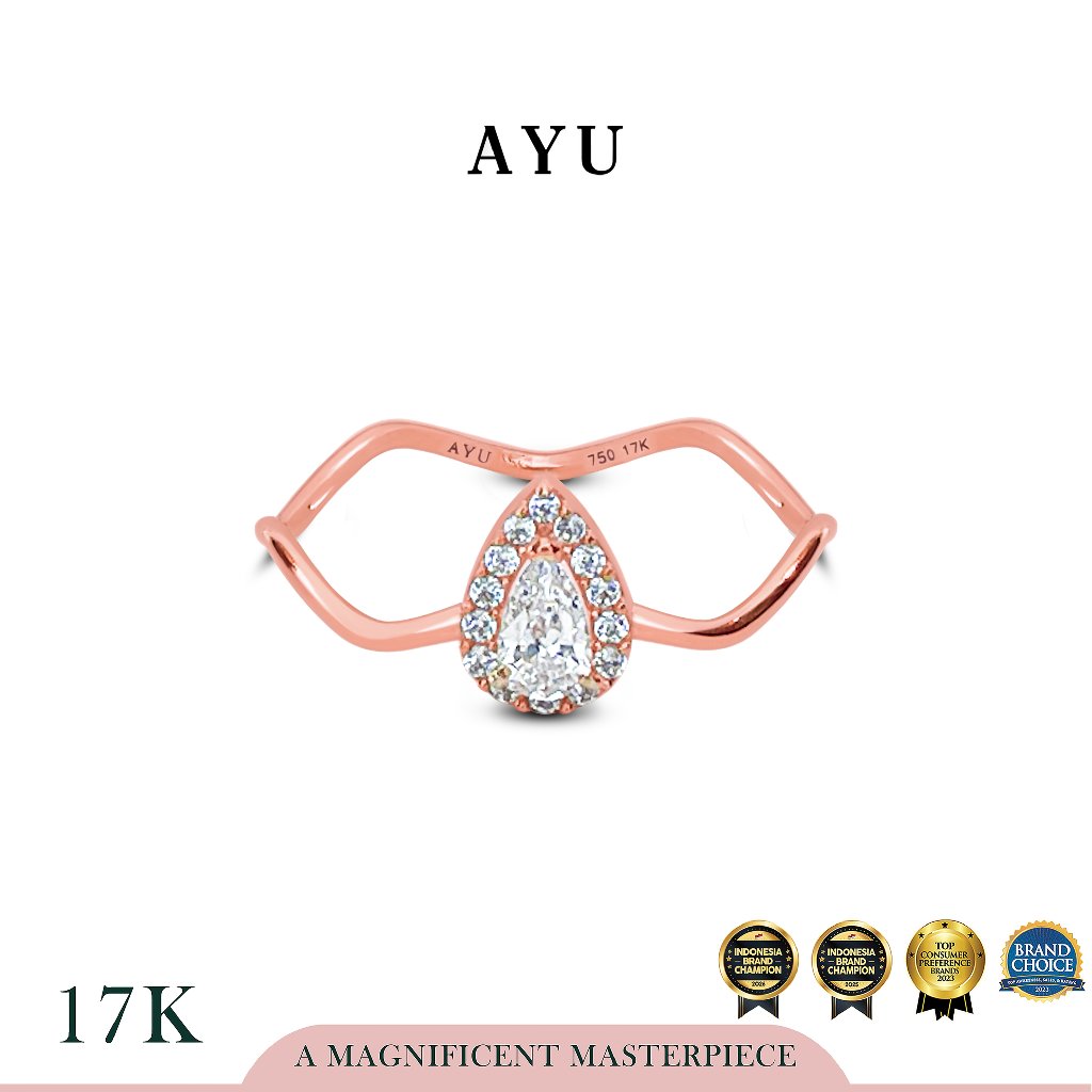 AYU Cincin Emas - Wave With Teardrop Halo Solitaire 17k Rose Gold