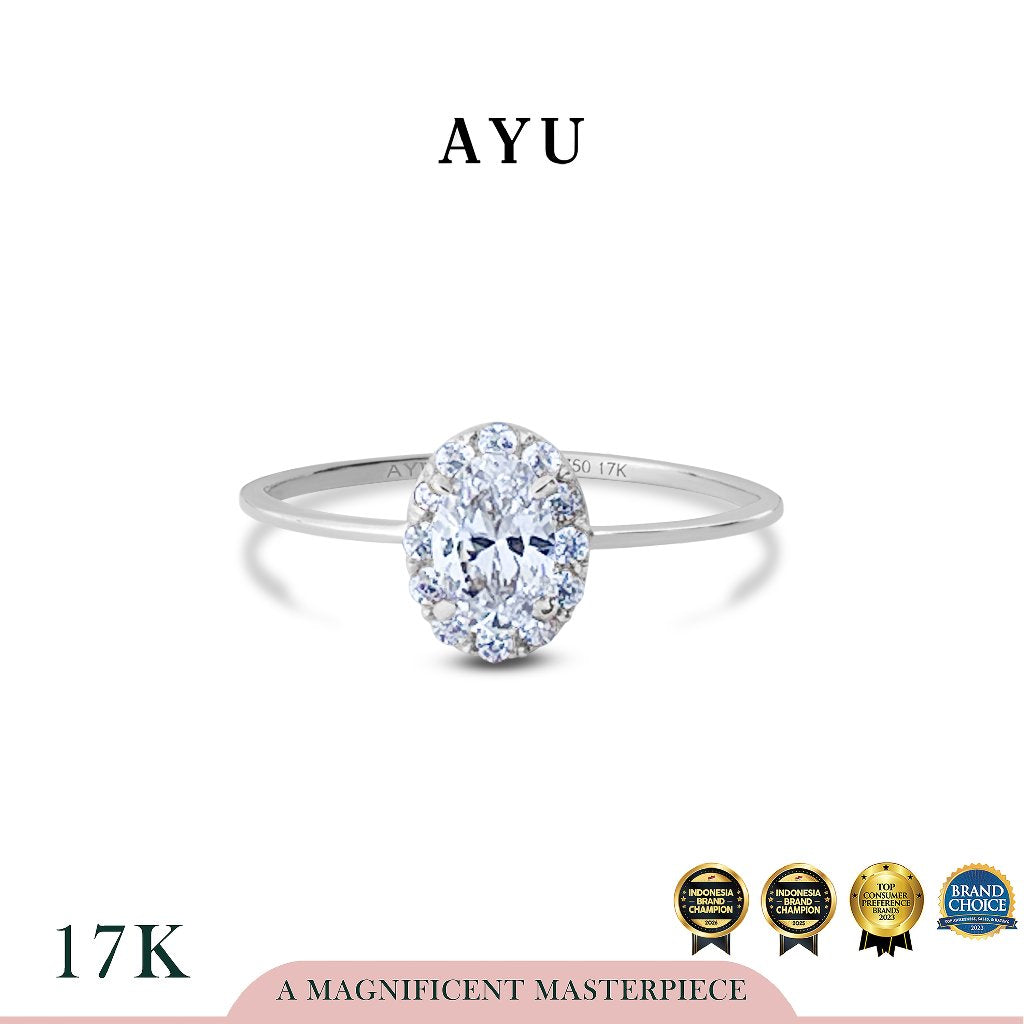 AYU Cincin Emas - Oval Halo Ring 17k White Gold