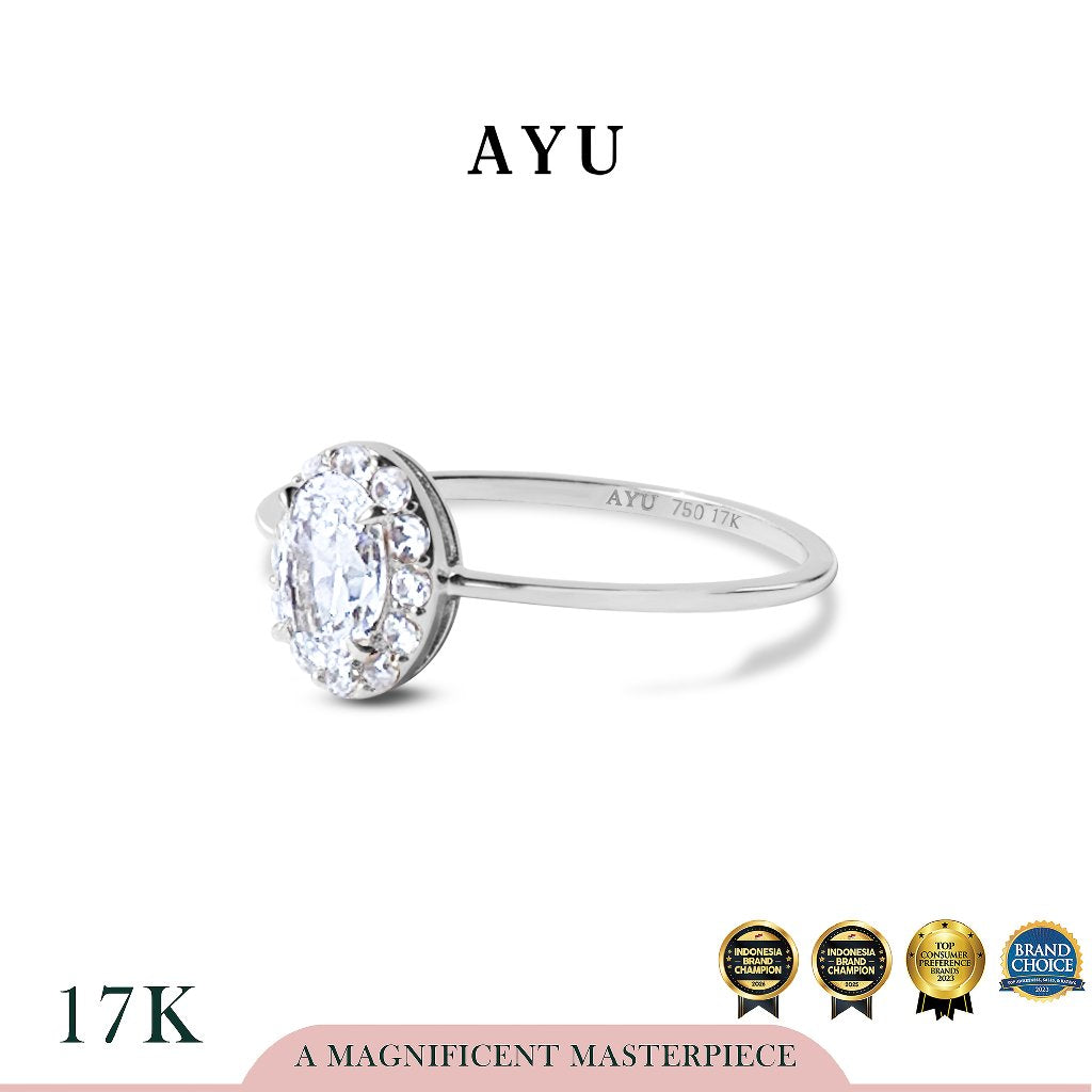AYU Cincin Emas - Oval Halo Ring 17k White Gold
