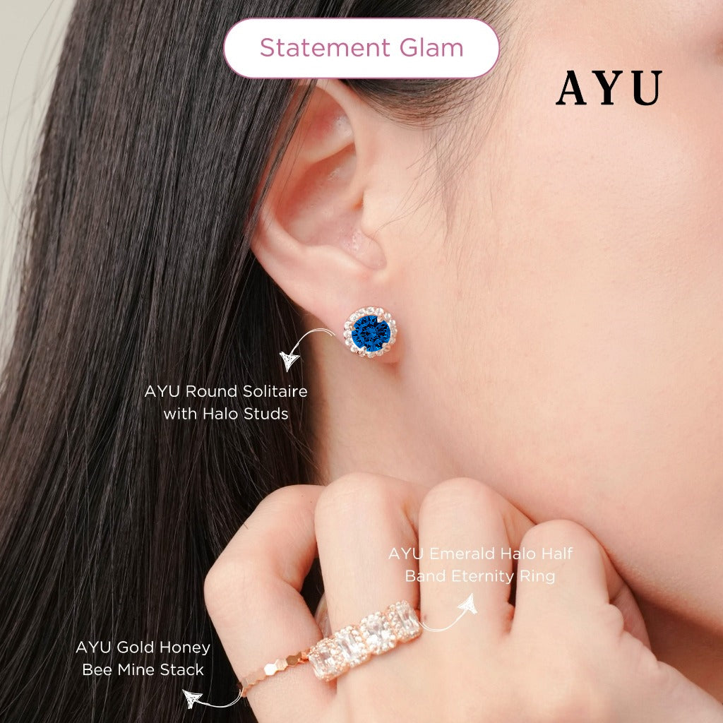 AYU Anting Emas Tindik - Round Solitaire With Halo Studs Royal Blue 17K Rose Gold