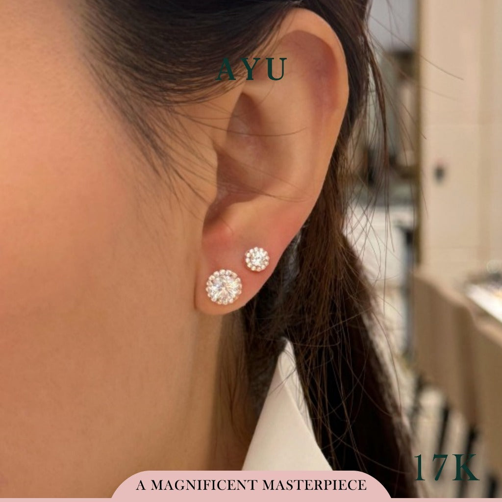 AYU Anting Emas Tindik - Round Solitaire With Halo Studs Royal Blue 17K Rose Gold