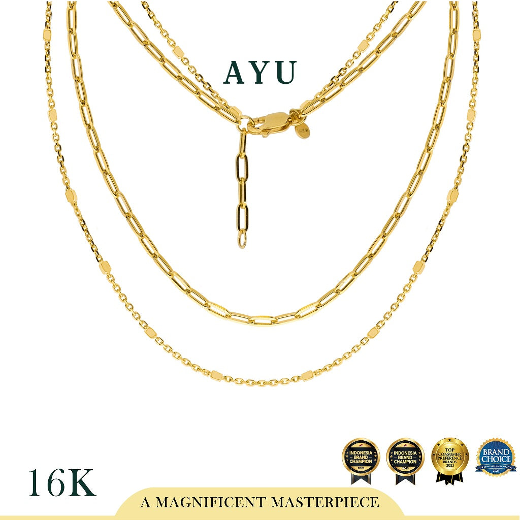 AYU Kalung Emas - Double Layer Paper Clip And Bling Beads Necklace 16k Yellow Gold