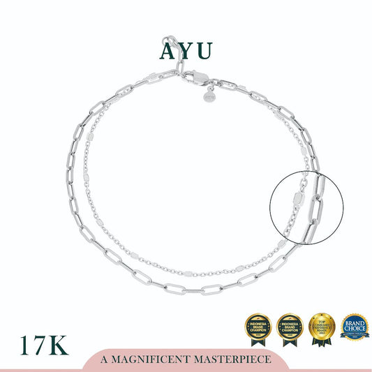 AYU Gelang Emas - Double Layer Medium Paper Clip And Bling Beads Bracelet 17k White Gold