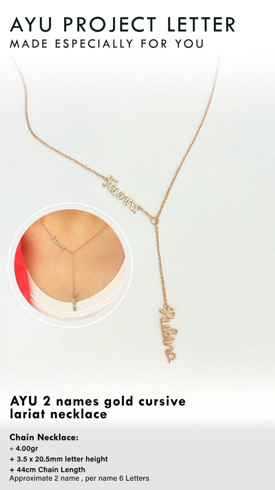 Custom Order AYU 2 Names Gold Cursive Lariat Necklace (Alvin, Nanda ) 17k Rose Gold 40cm