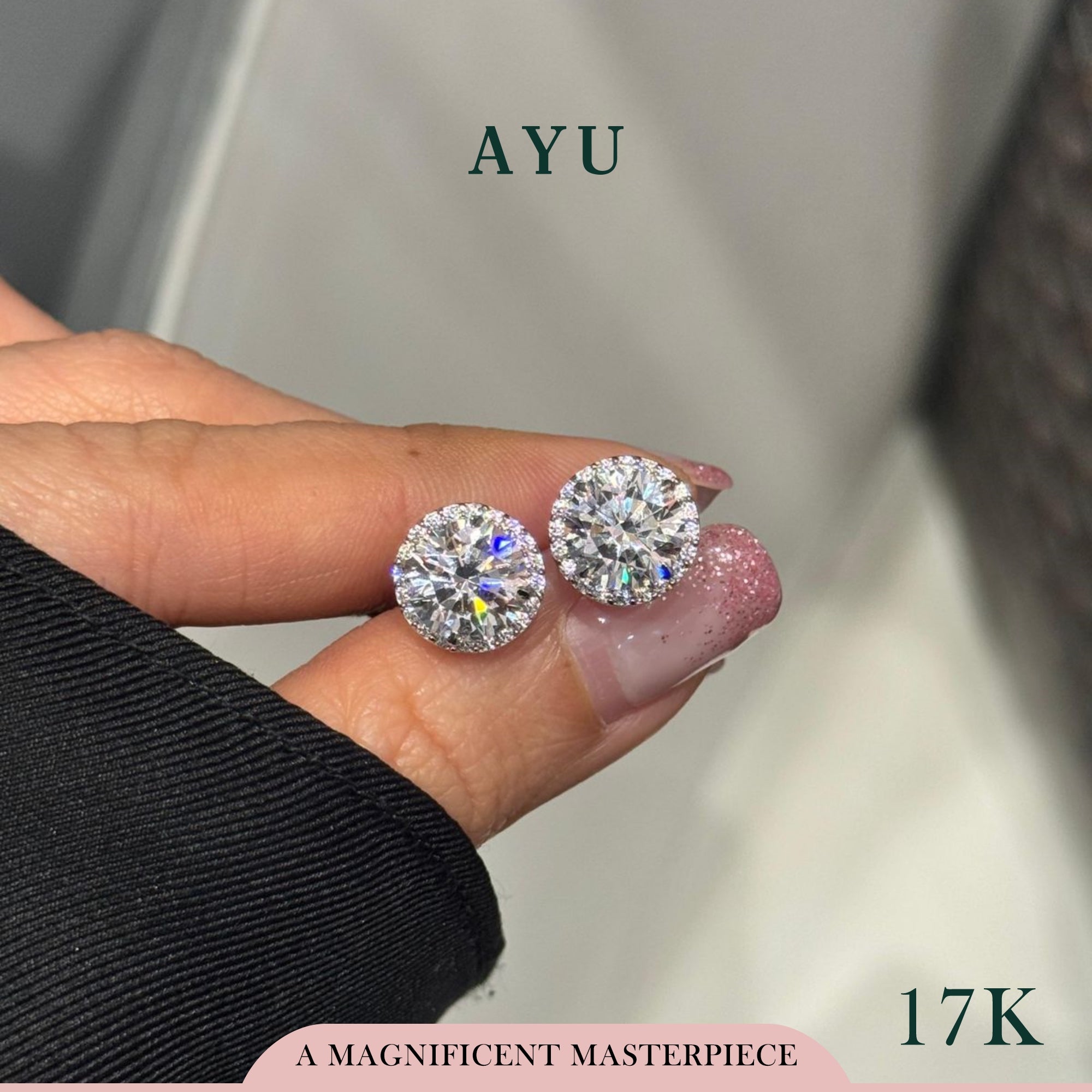 AYU Anting Emas Tindik - Round Solitaire With Halo Studs 17K White Gold