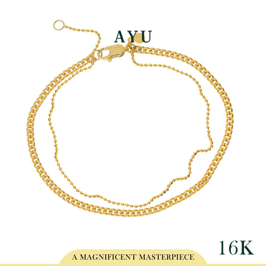 AYU DOUBLE LAYER CUBAN AND MINI PEPER CHAIN ANKLET 16K YELLOW GOLD
