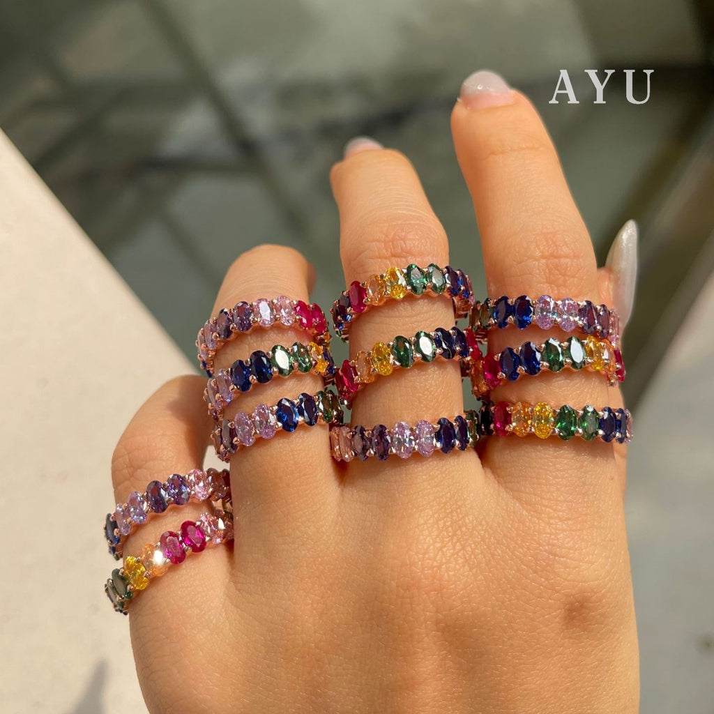 AYU Cincin Emas - Oval Eternity Ring Rainbow Stone 17k Rose Gold