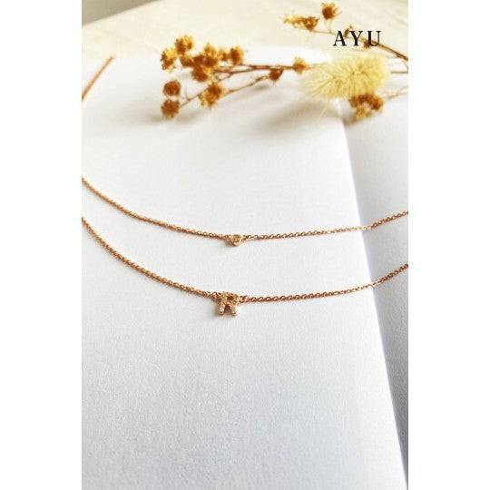 AYU Kalung Emas - Pave Initial Double Layer With Bezel Chain Necklace 17k White Gold