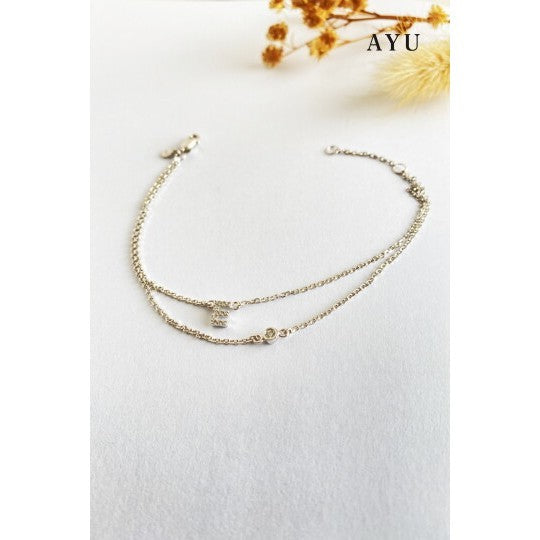 AYU Gelang Emas - Pave Initial Double Layer With Bezel Chain Bracelet 17k White Gold