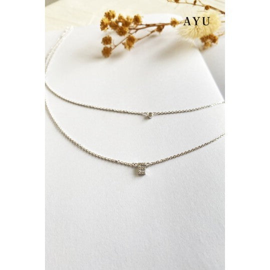 AYU Kalung Emas - Pave Initial Double Layer With Bezel Chain Necklace 17k White Gold