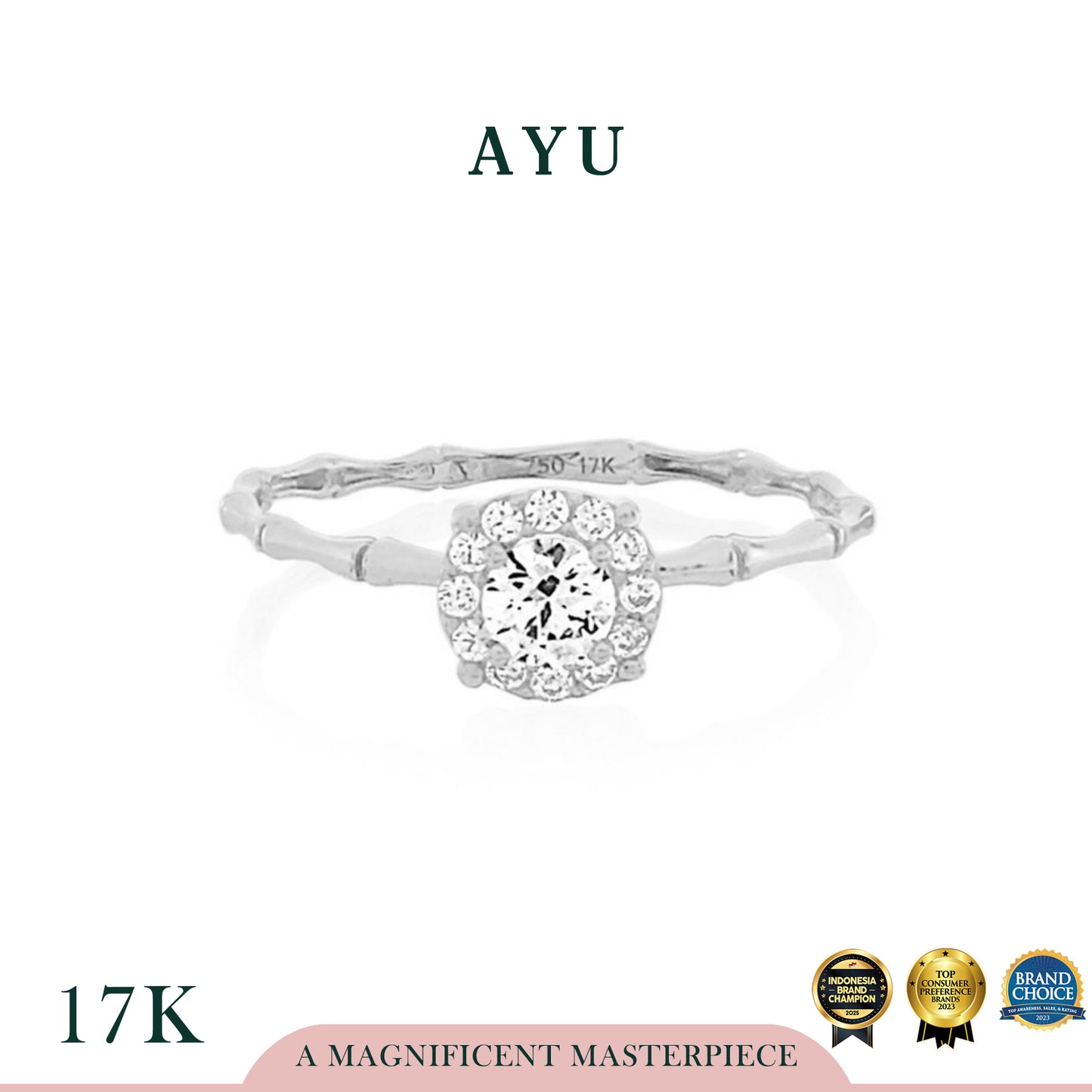 AYU Cincin Emas - Round Solitaire Bamboo 17K White Gold