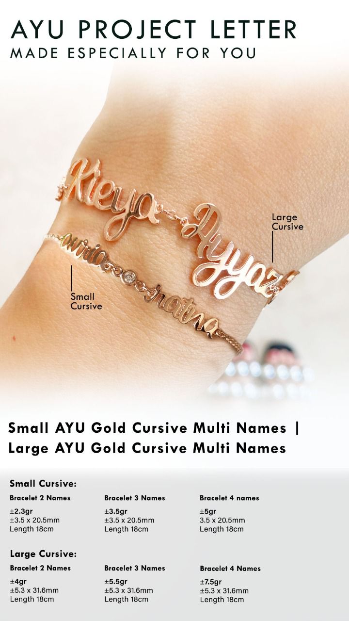 Custom Order PL Bracelet Multinames Gold Small Cursive, 2 Bezel (Eowyn, Justin, Robin) 17k Rose Gold, 16 CM