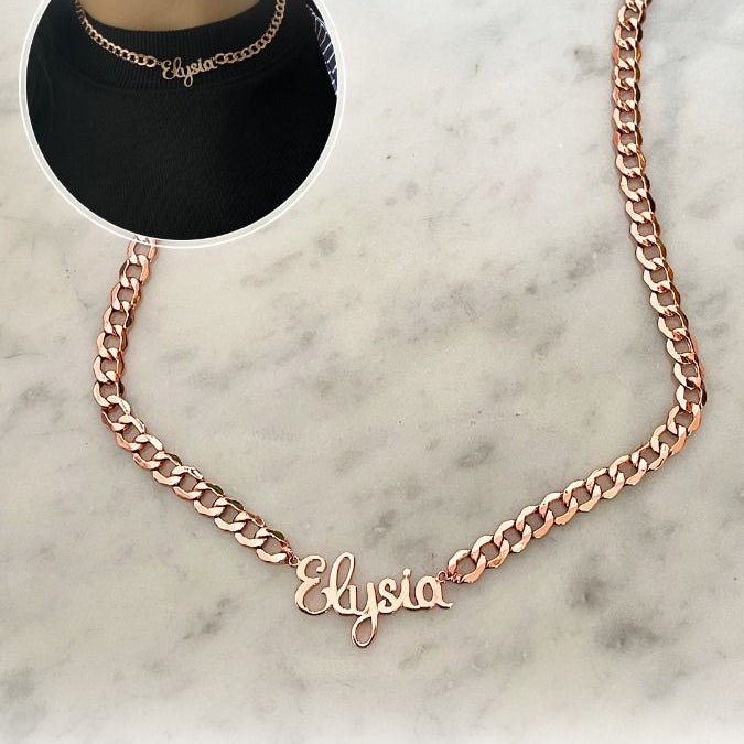 Custom Order PL AYU Large Gold Cursive With Flat Cuban Chain Necklace ( MakAci ) 17k Rose Gold 45cm