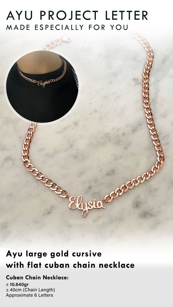 Custom Order PL AYU Large Gold Cursive With Flat Cuban Chain Necklace ( MakAci ) 17k Rose Gold 45cm