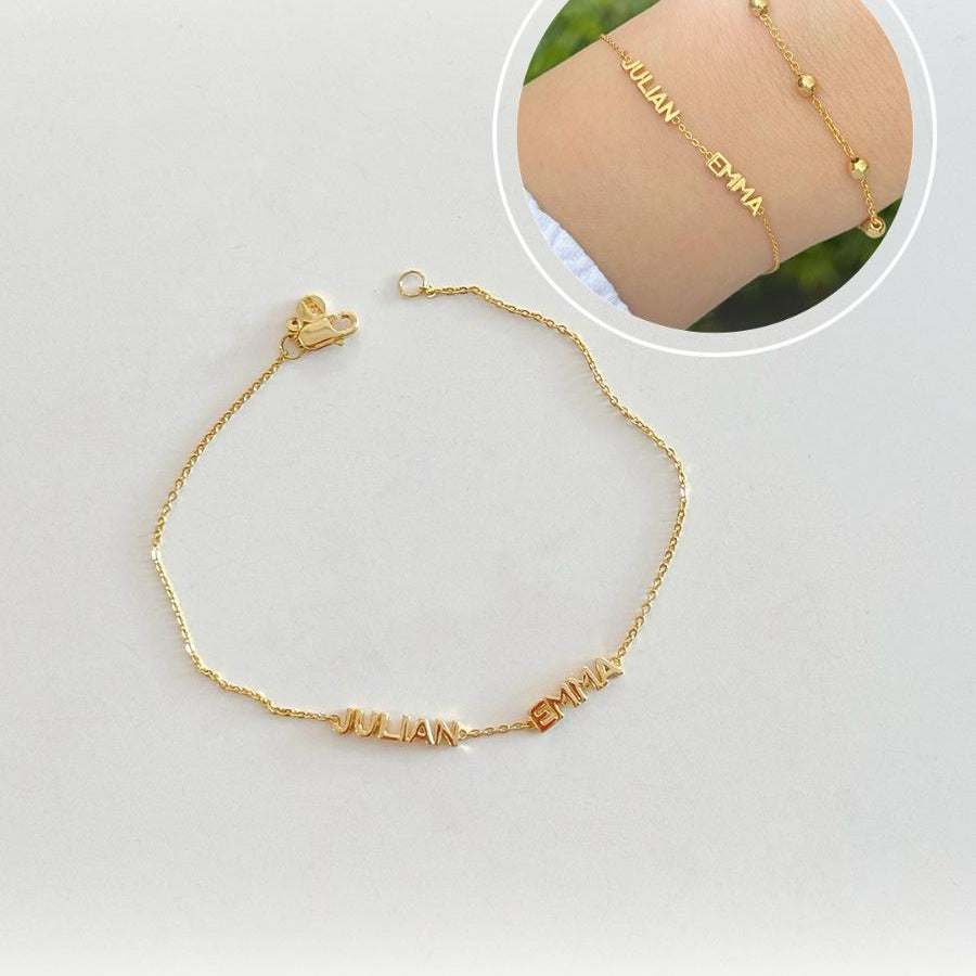 Custom Order PL Bracelet Tiny Gold Block Bar With Petite Trixie Chain (Hazel, Louis) 17K Yellow Gold, 16 CM