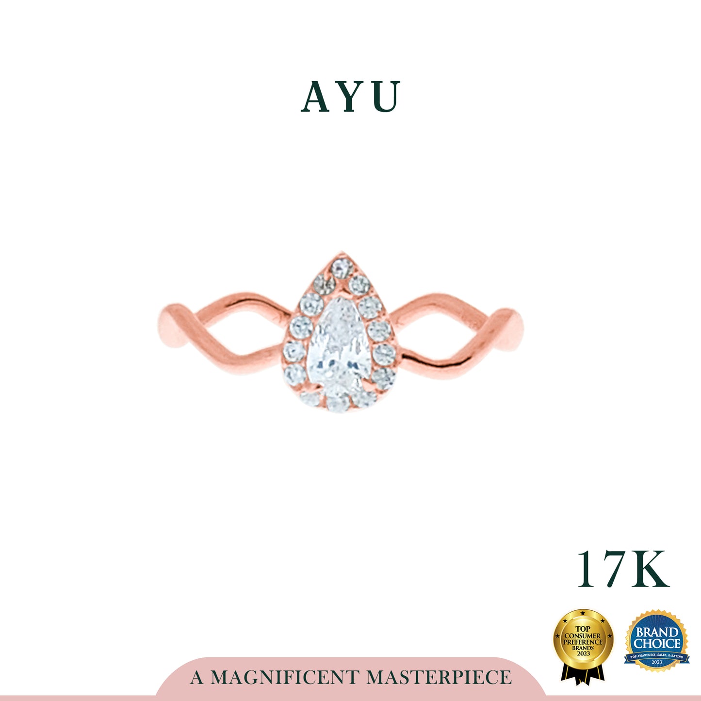 AYU Cincin Emas - Wave With Teardrop Halo Solitaire 17k Rose Gold