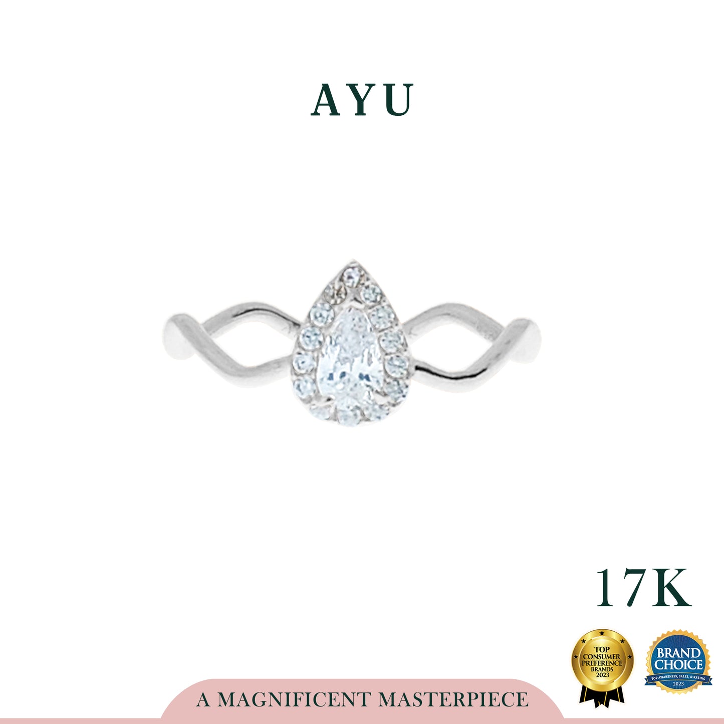 AYU Cincin Emas - Wave With Teardrop Halo Solitaire 17K White Gold