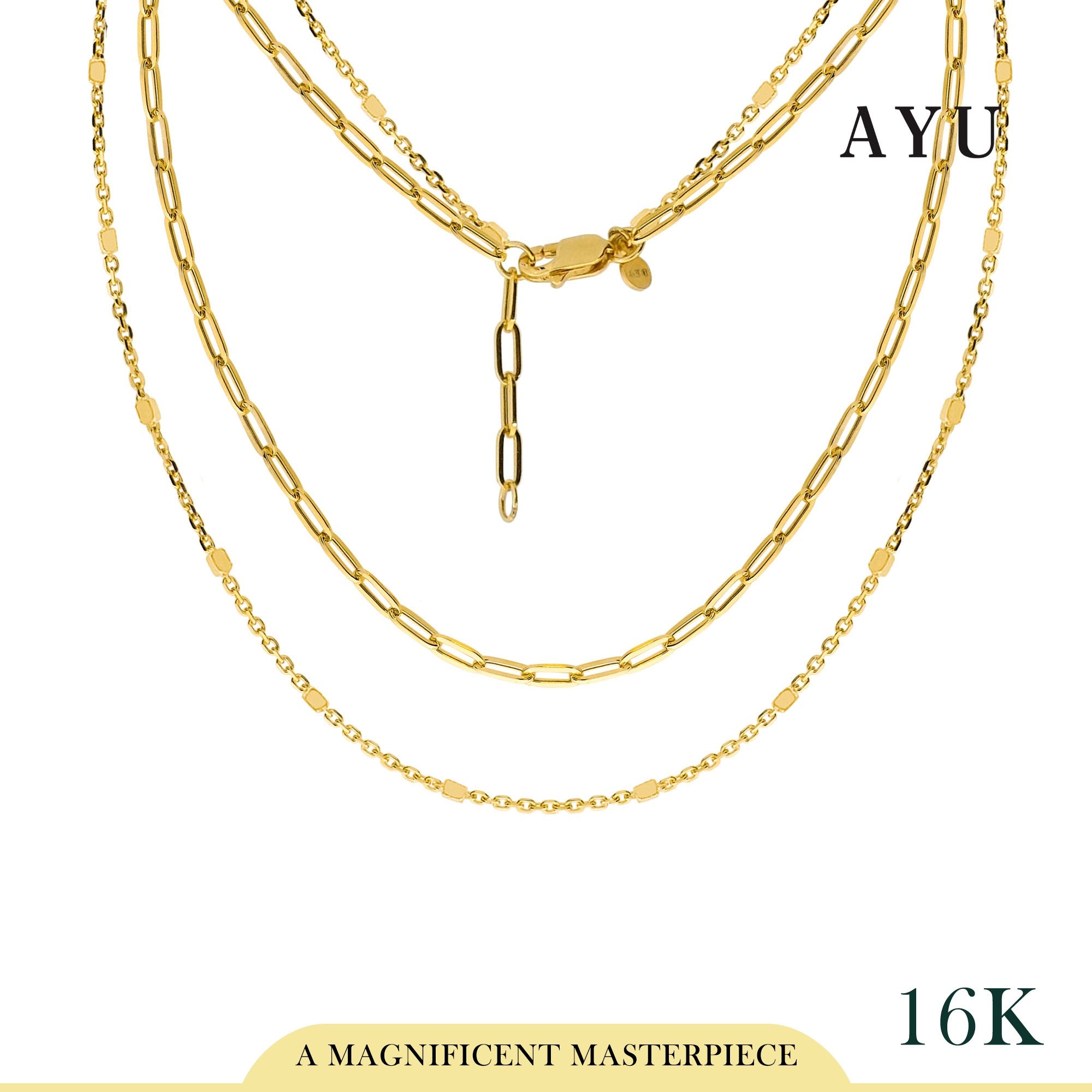 AYU Kalung Emas - Double Layer Paper Clip And Bling Beads Necklace 16k Yellow Gold
