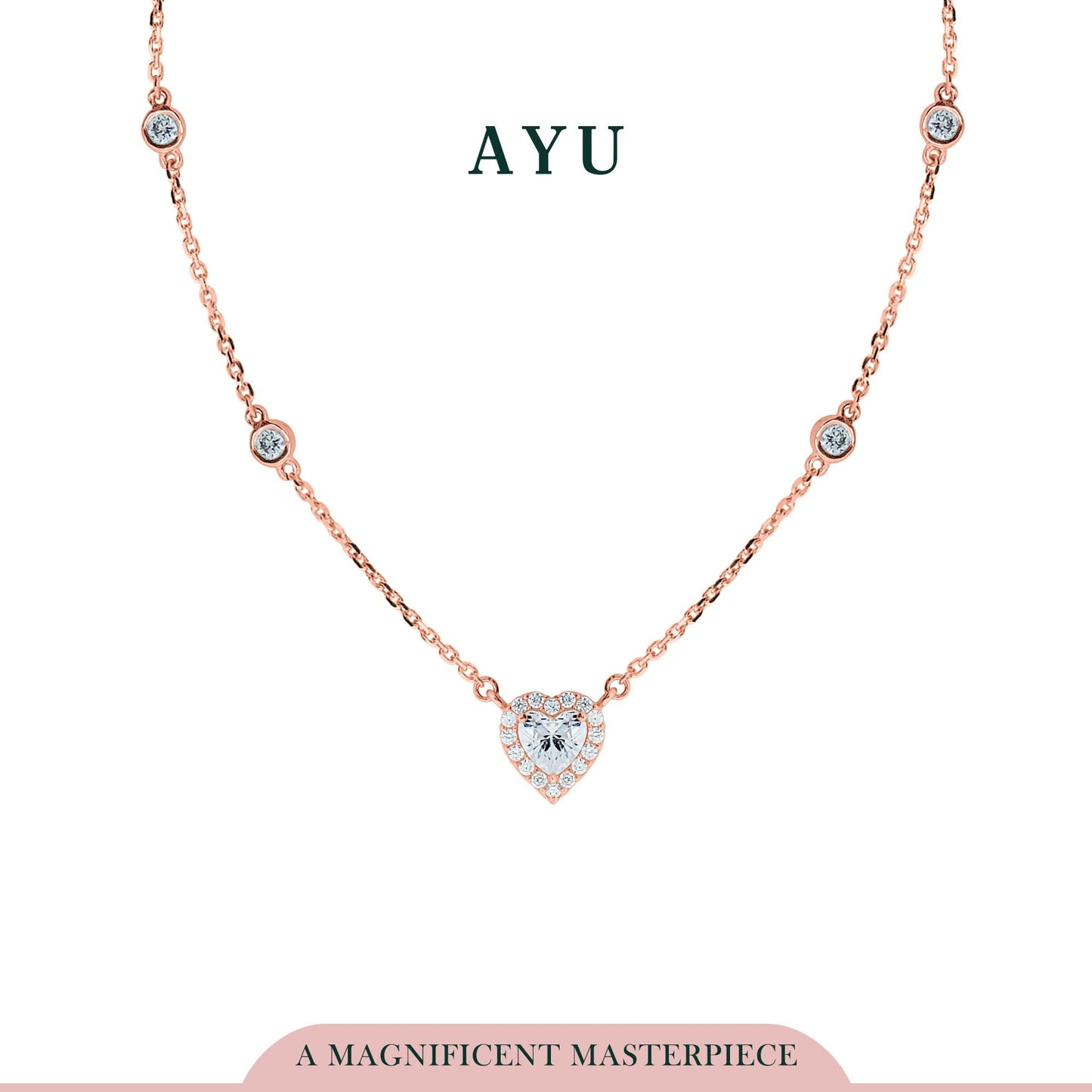 AYU Kalung Emas-Heart Halo Mini Bezel Chain Necklace 17k Rose Gold