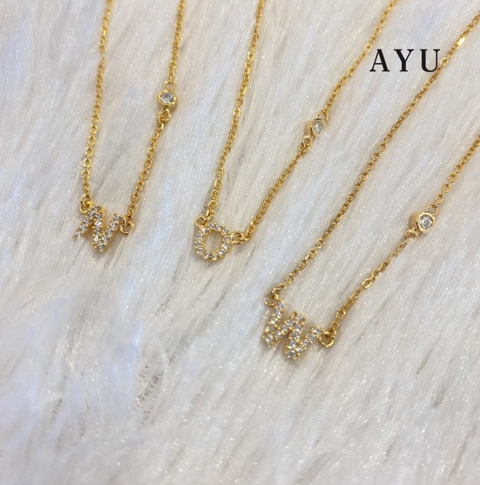 AYU Kalung Emas - Pave Initial With Mini Bezel Chain Necklace 16k Yellow Gold