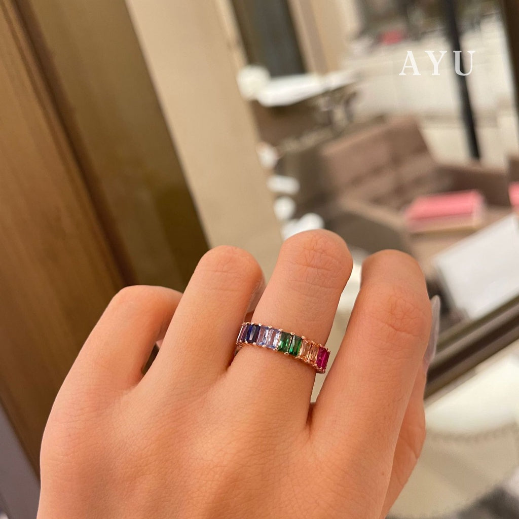 AYU Cincin Emas - Baguette Eternity Ring Rainbow 17k Rose Gold