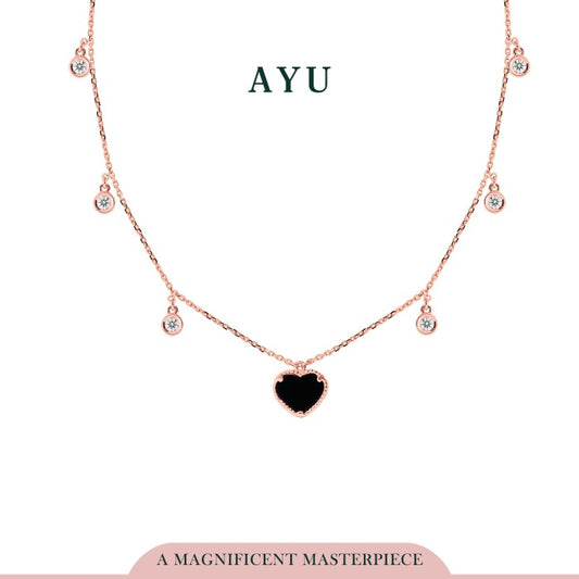 AYU Kalung Emas-Onyx Heart With Multi Bezel Necklace 17k Rose Gold