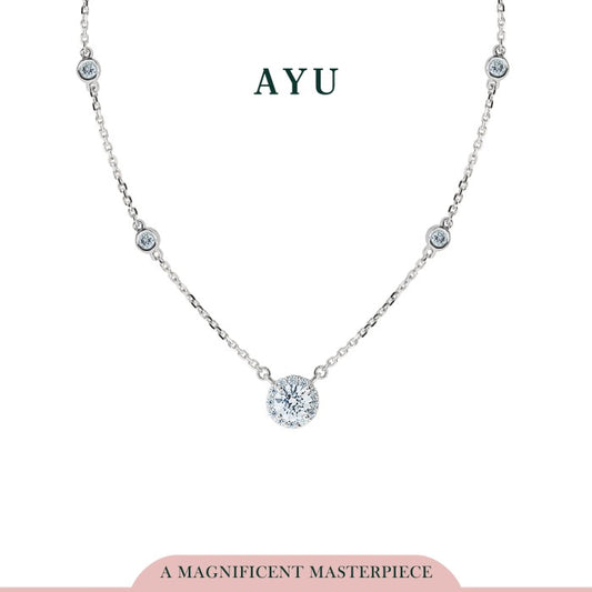 AYU Kalung Emas-Round Halo Mini Bezel Chain Necklace 17k White Gold