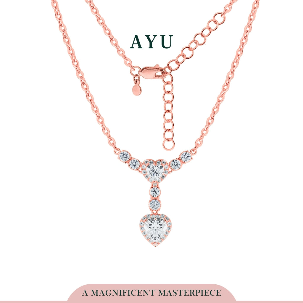 AYU Kalung Emas-Double Heart Halo Chain Necklace 17k Rose Gold