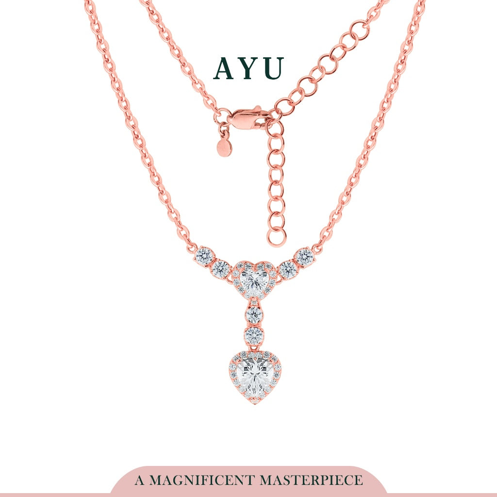 AYU Kalung Emas-Double Heart Halo Chain Necklace 17k Rose Gold