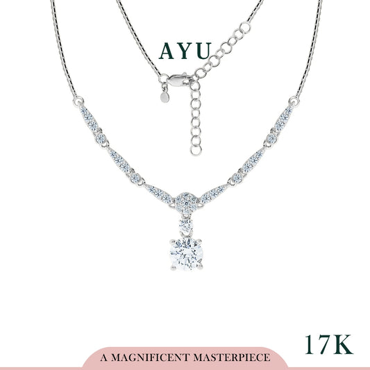 AYU Kalung Emas-Round Solitaire Half Eternity Necklace 17k White Gold