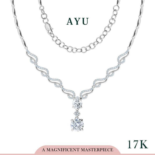 AYU Kalung Emas-Round And Teardrop Wings Half Eternity Necklace 17k White Gold