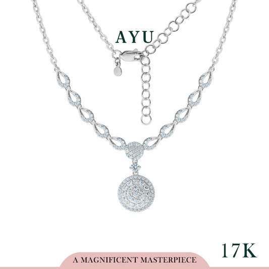 AYU Kalung Emas-Pave Round With Teardrop Half Eternity Necklace 17k White Gold