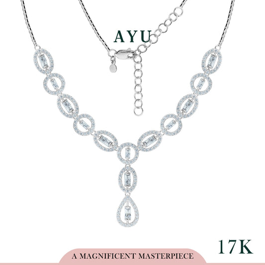 AYU Oval Halo Baguette Half Eternity Necklace 17k White Gold
