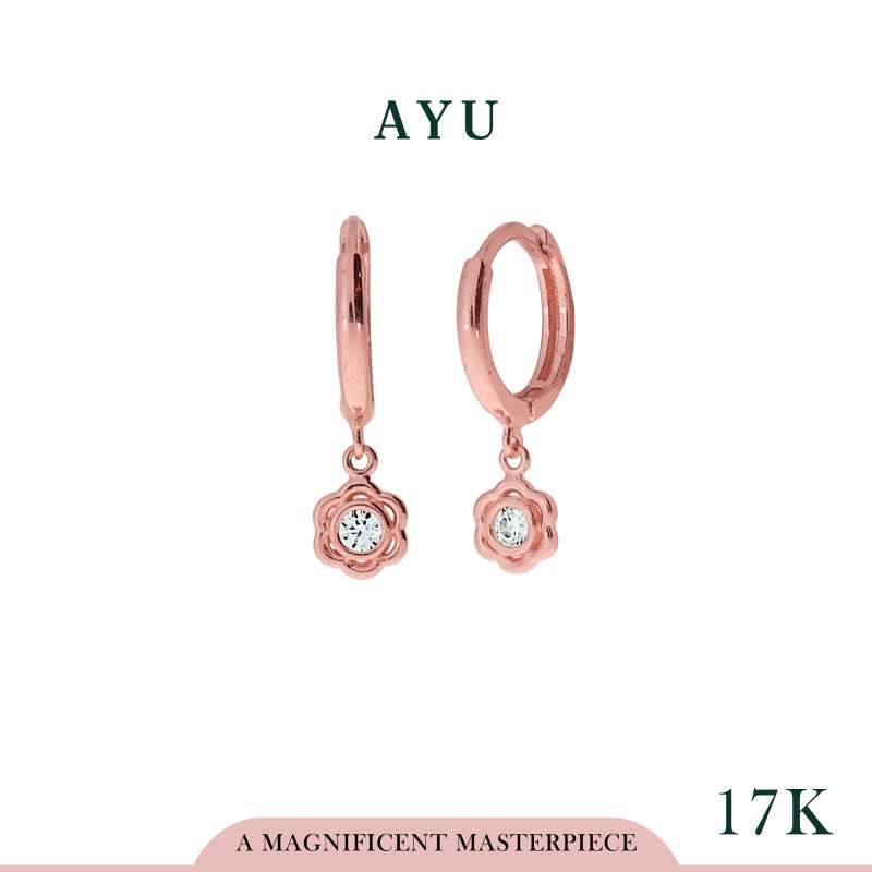 AYU Anting Emas - Gold Doughnut With Flower Bezel Earrings 17K Rose Gold