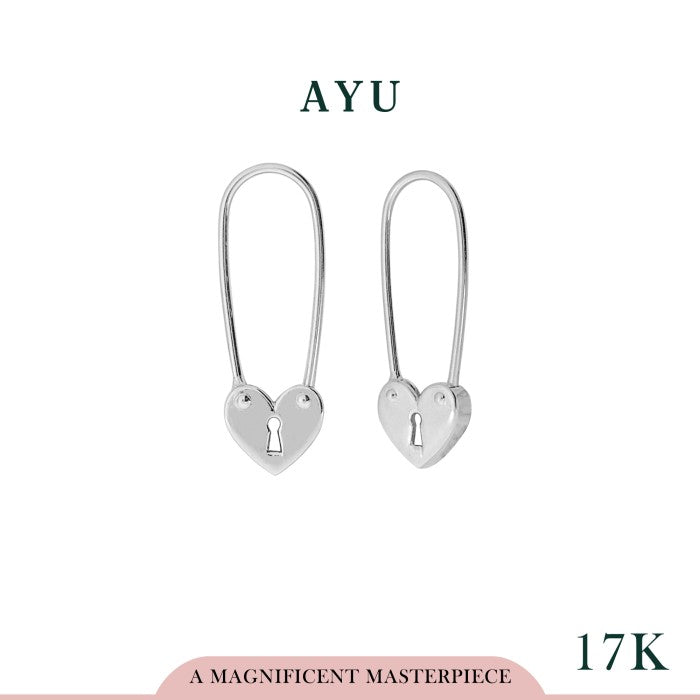 AYU Anting Emas - Heart Lock Safety Pin Earrings 17K White Gold