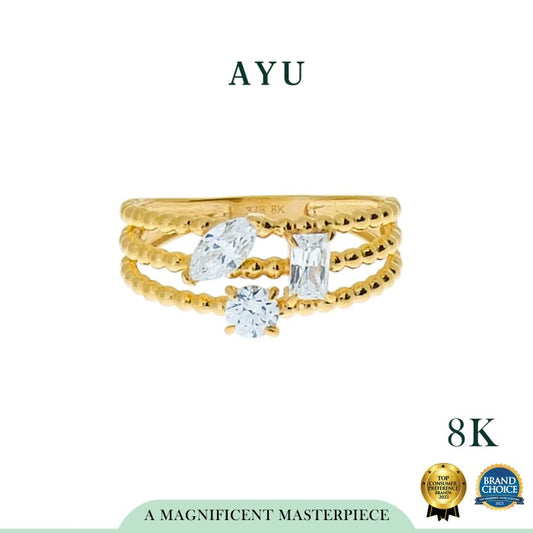 AYU Cincin Emas - Multi Shape 3 Layer Pepper Beads Ring 8K Yellow Gold