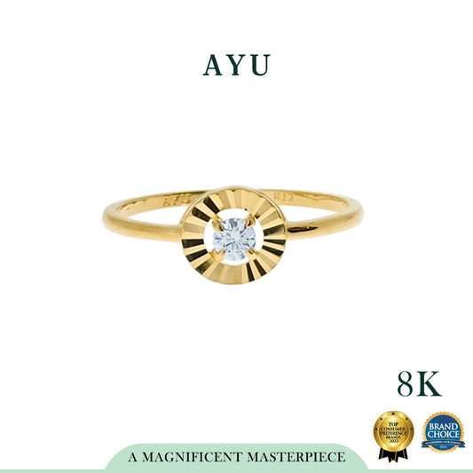 AYU Cincin Emas - Mini Round Solitaire Halo Bling Ring 8K Yellow Gold