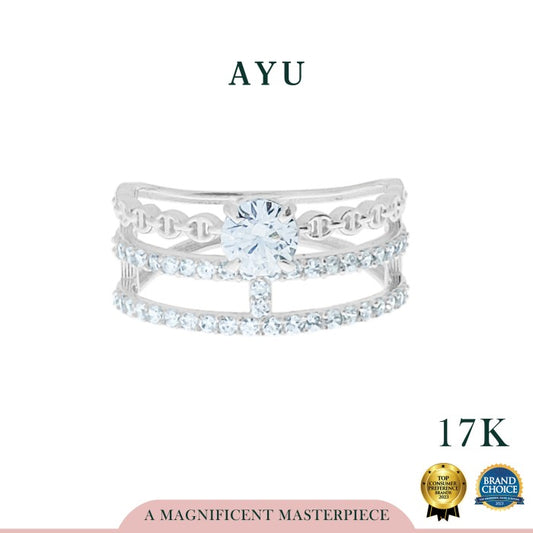 AYU Cincin Emas - Round Cut Oval Link Solitaire Pave Double Stack Ring 17K White Gold
