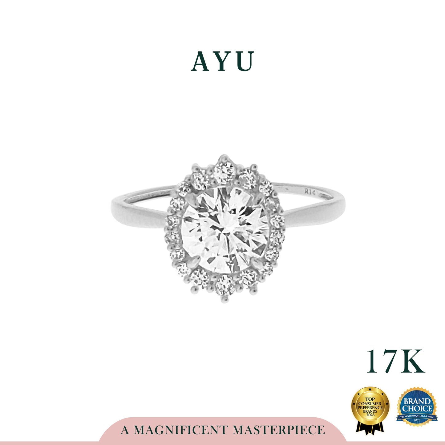 AYU Round Solitaire With Grecian Halo 17K White Gold