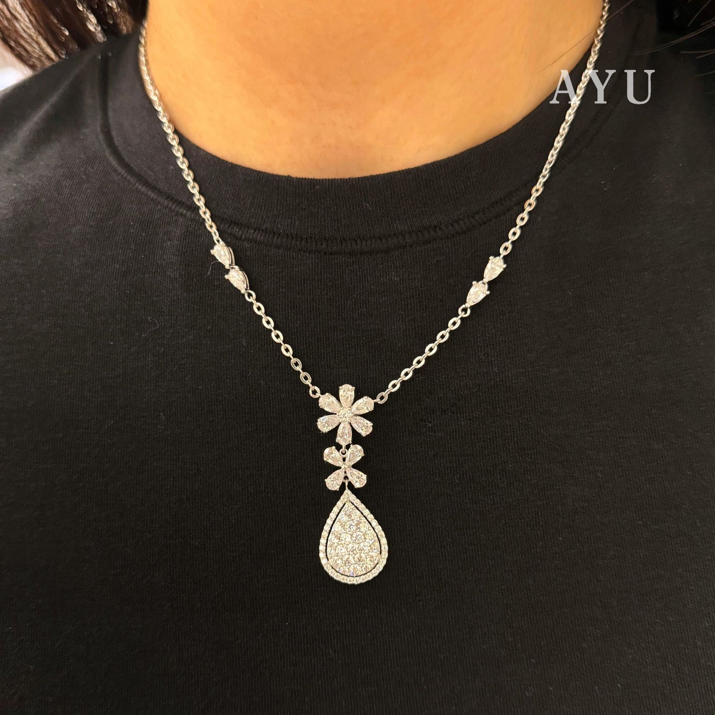 AYU Flower Bloom Pave Teardrop Chain Necklace 17k White Gold